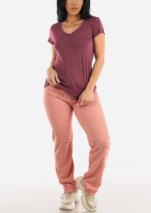 High Drawstring Waist Rib Knit Straight Leg Pants Pink sold by Moda