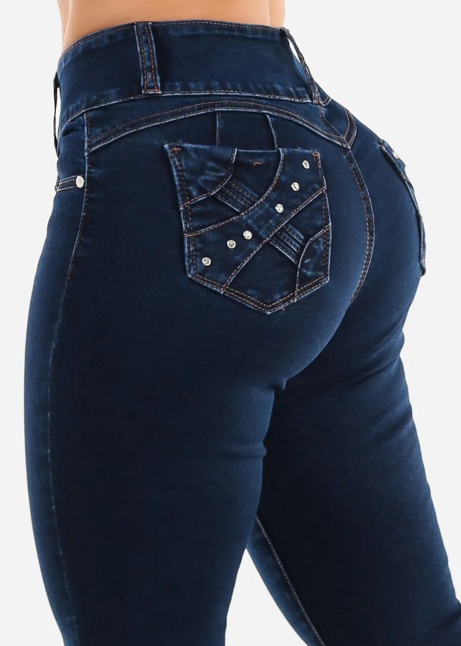 Butt Lift High Waisted Skinny Jeans Dark Blue sold by Moda