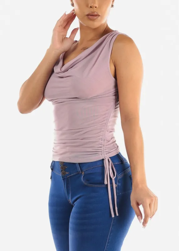 Sleeveless Double Layer Ruched Mesh Top Lavender sold by Moda