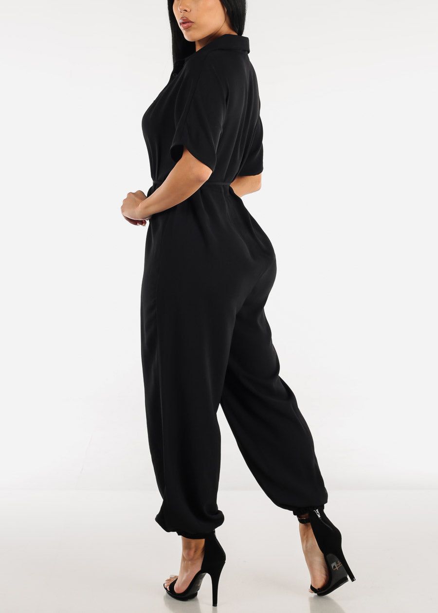 Black Short Sleeve Tie Waist Button Up Jumpsuit sold by Moda product image thumbnail 4