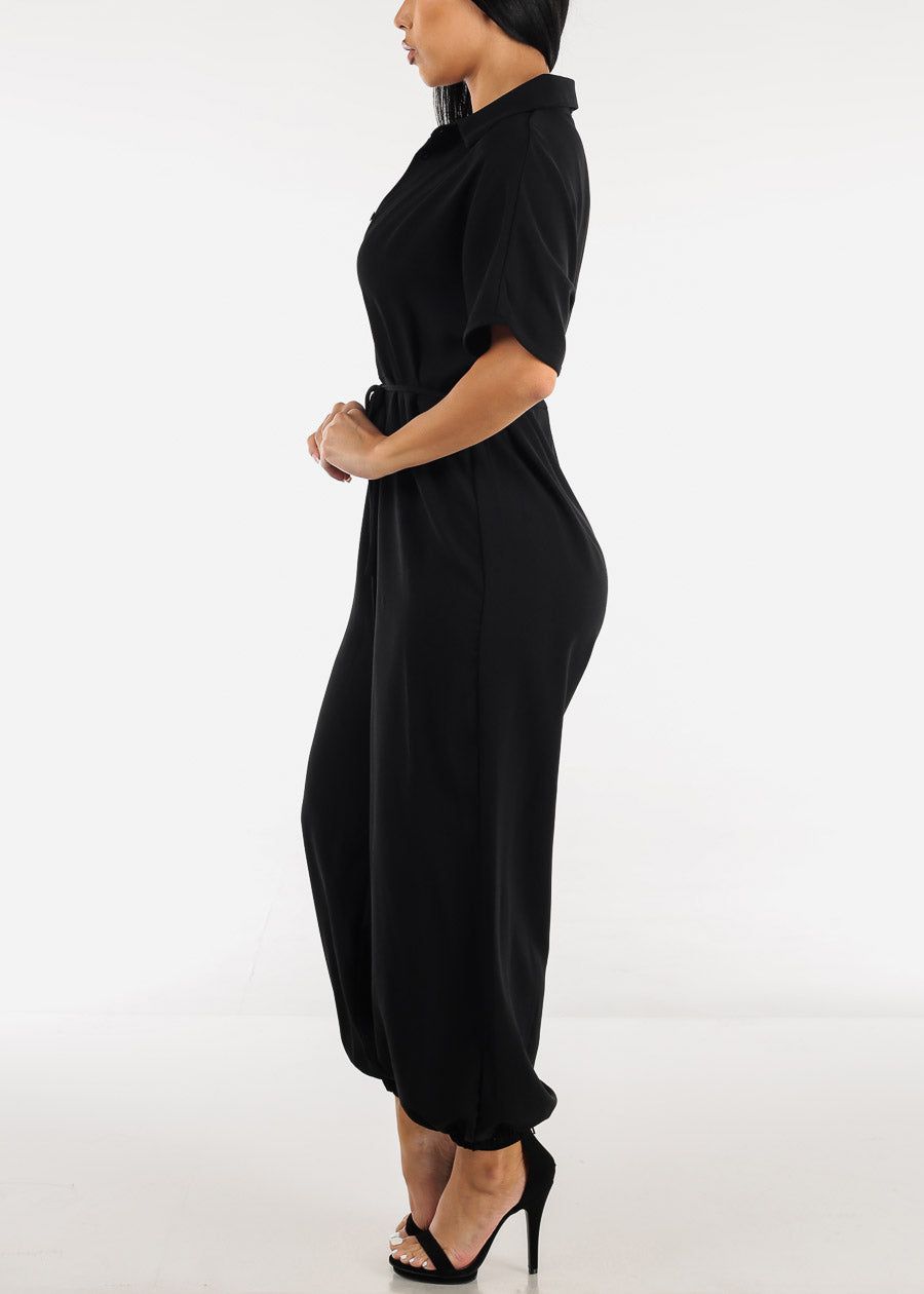 Black Short Sleeve Tie Waist Button Up Jumpsuit sold by Moda product image thumbnail 2