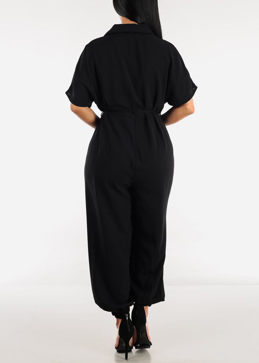 Black Short Sleeve Tie Waist Button Up Jumpsuit sold by Moda product image thumbnail 3