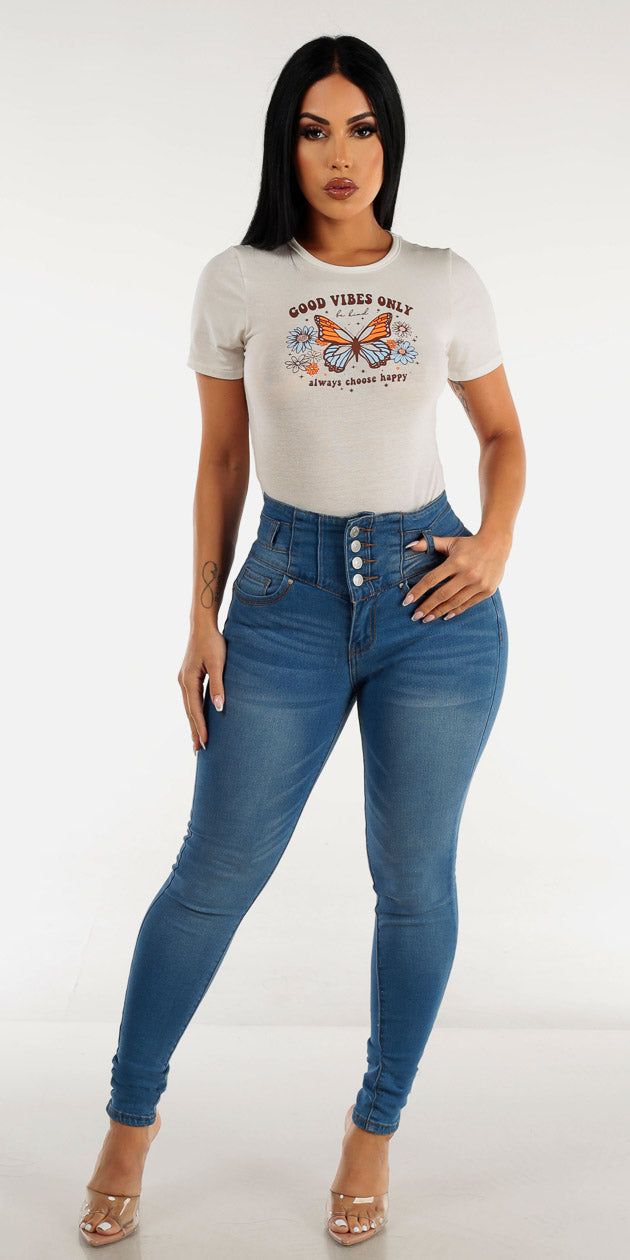 Super High Waist Butt Lifting Skinny Jeans with Short Sleeve Ivory Graphic Bodysuit sold by Moda product image thumbnail 2