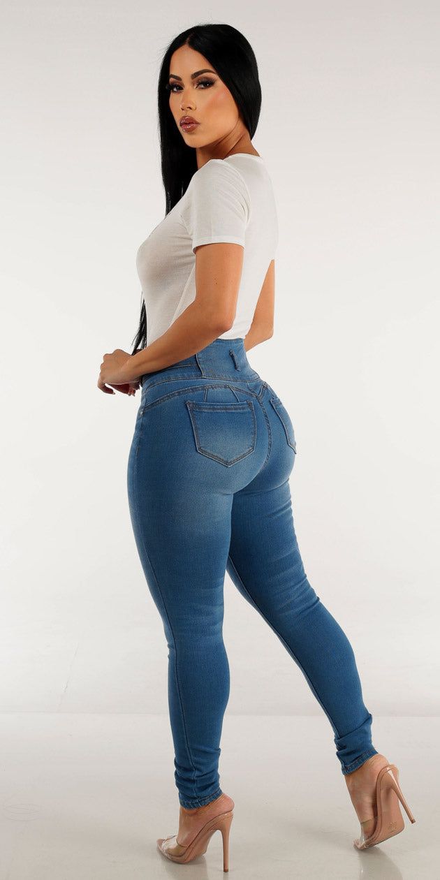 Super High Waist Butt Lifting Skinny Jeans with Short Sleeve Ivory Graphic Bodysuit sold by Moda product image thumbnail 3