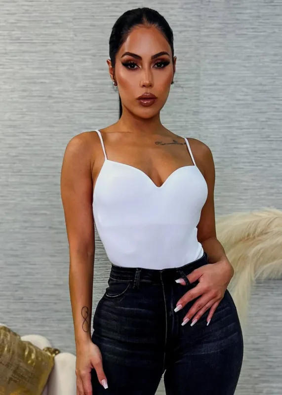 White Spaghetti Strap Seamless Thong Bodysuit sold by Moda