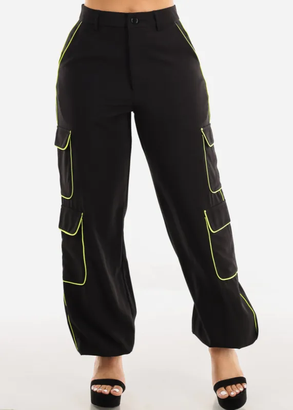 Black High Waist Cargo Jogger Pants w Neon Yellow Trim sold by Moda
