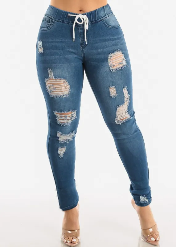 Drawstring Waist Distressed Denim Skinny Jeans Med Blue sold by Moda