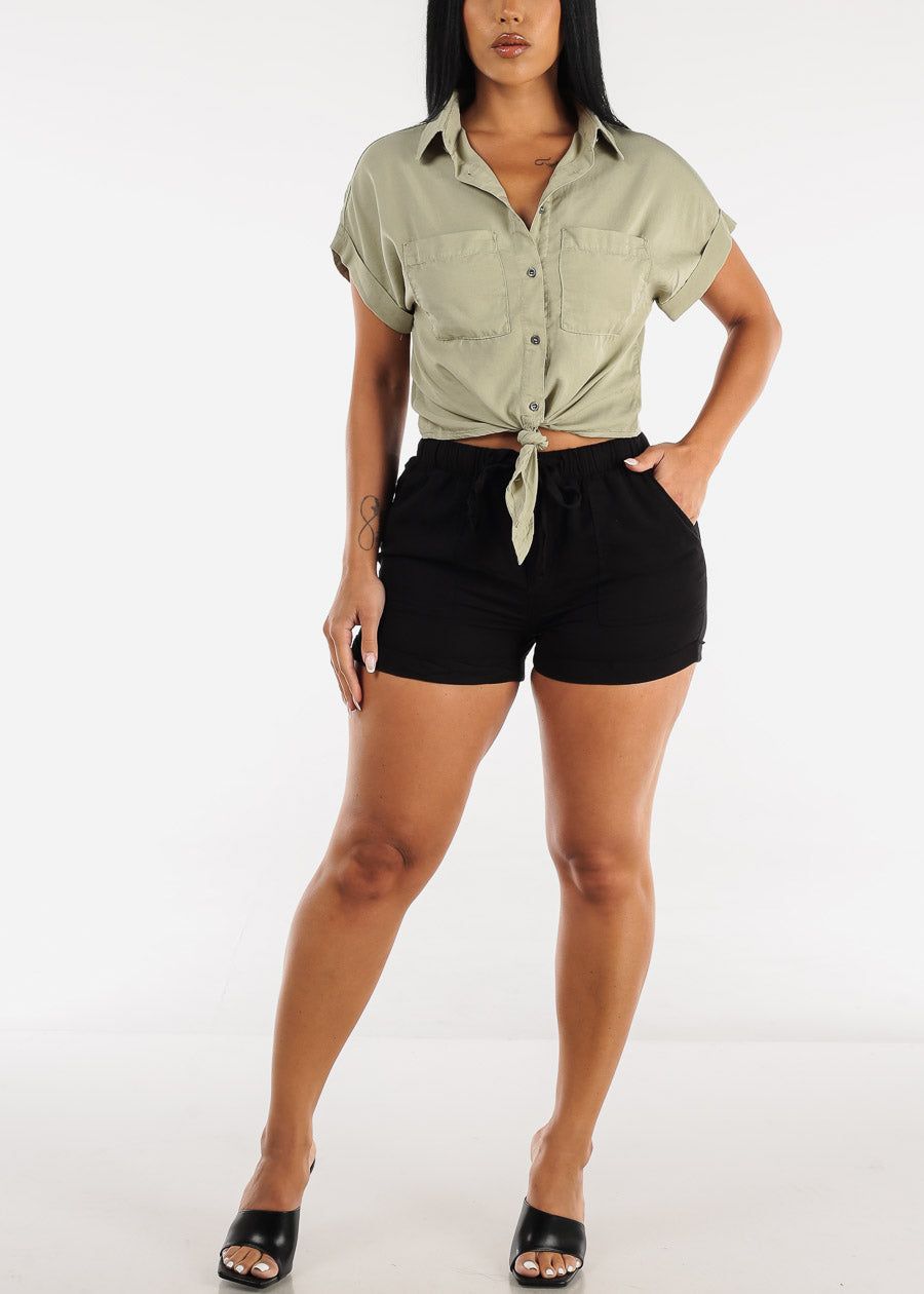 Black Woven Drawstring Waist Tencel Shorts sold by Moda product image thumbnail 2