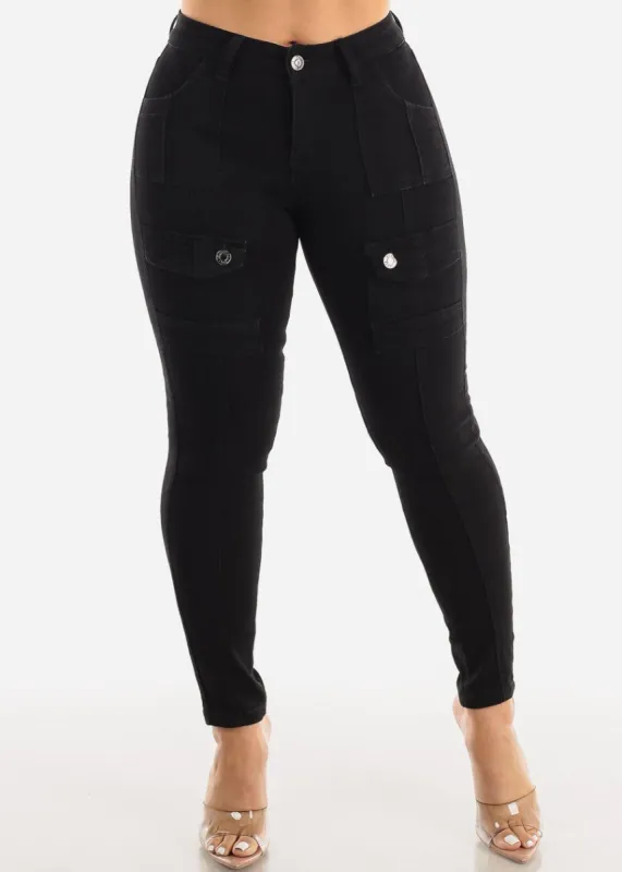 Black Mid Rise Cargo Skinny Jeans sold by Moda