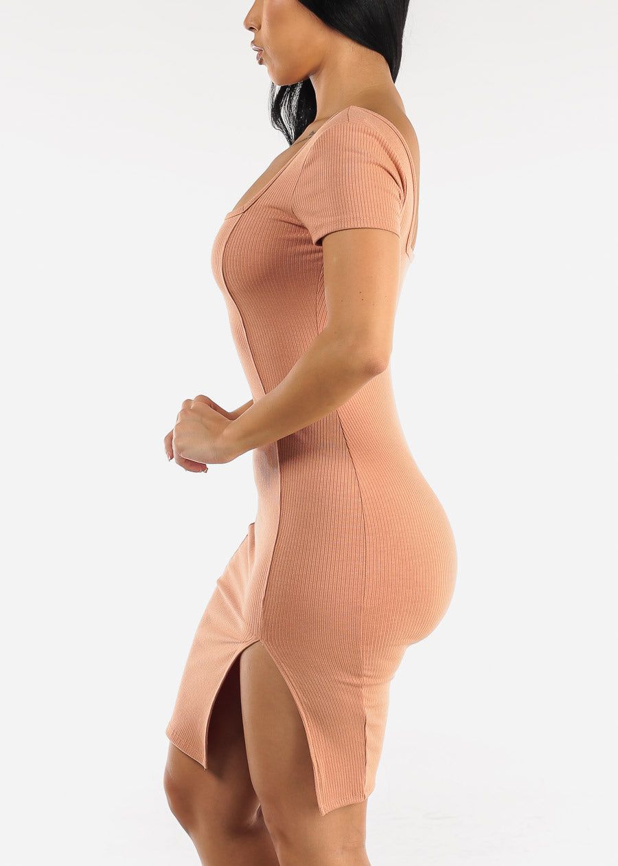 Short Sleeve Bodycon Mini Dress Peach w Slit sold by Moda product image thumbnail 3