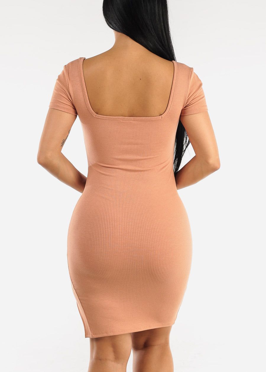 Short Sleeve Bodycon Mini Dress Peach w Slit sold by Moda product image thumbnail 4