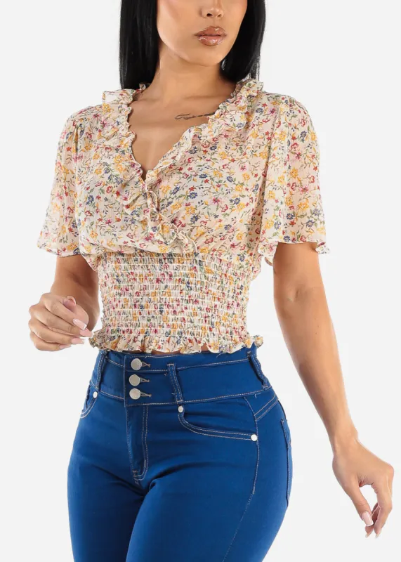 Short Sleeve Floral Smock Waist Top Ivory sold by Moda