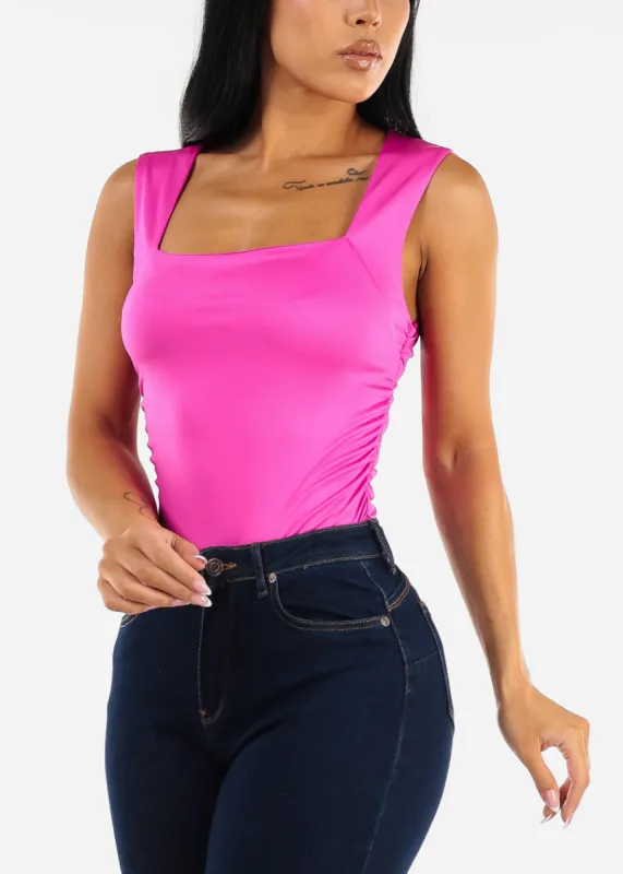 Sleeveless Square Neck Ruched Top Fuchsia sold by Moda