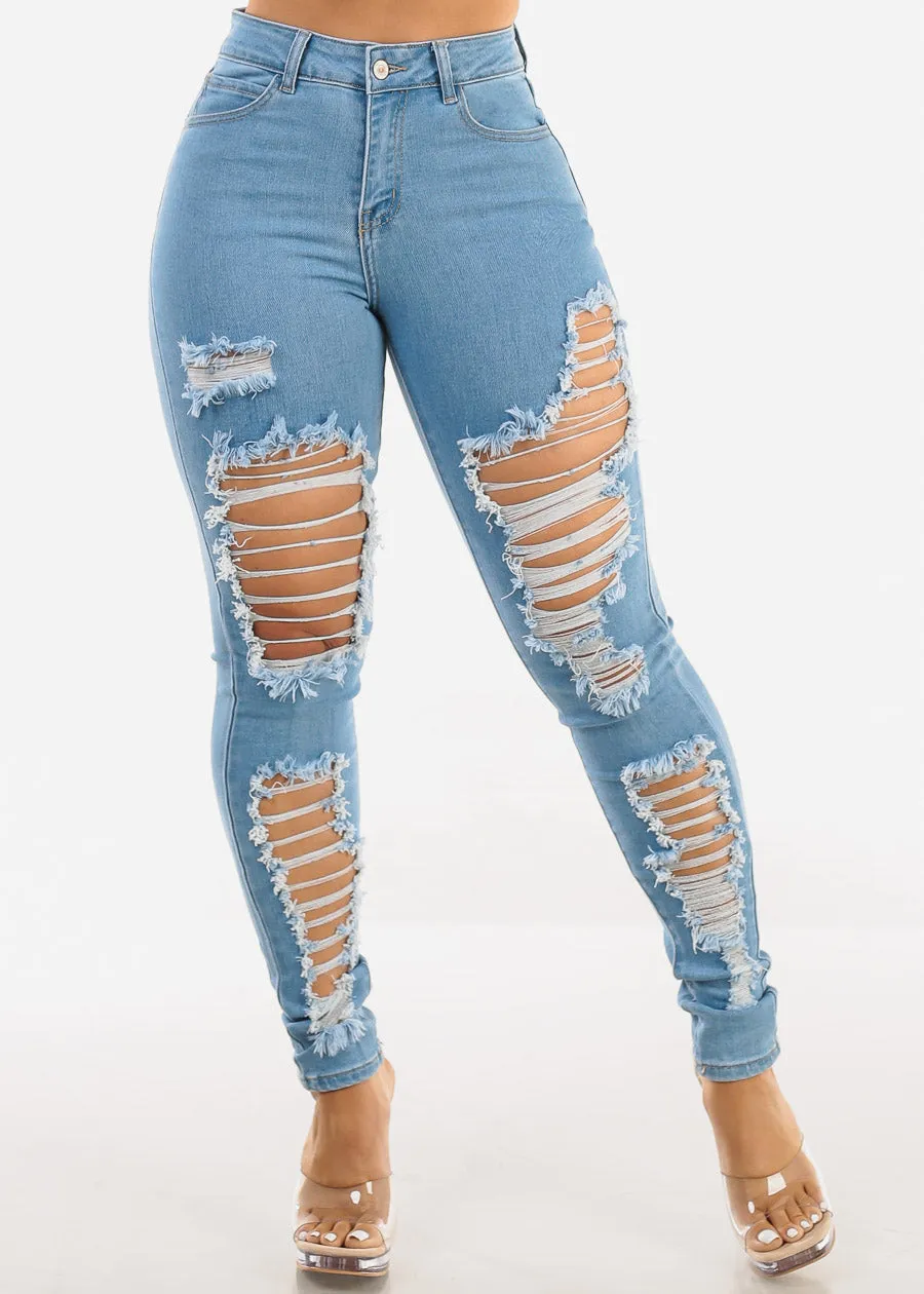Super High Waist Distressed Skinny Jeans Light Wash sold by Moda