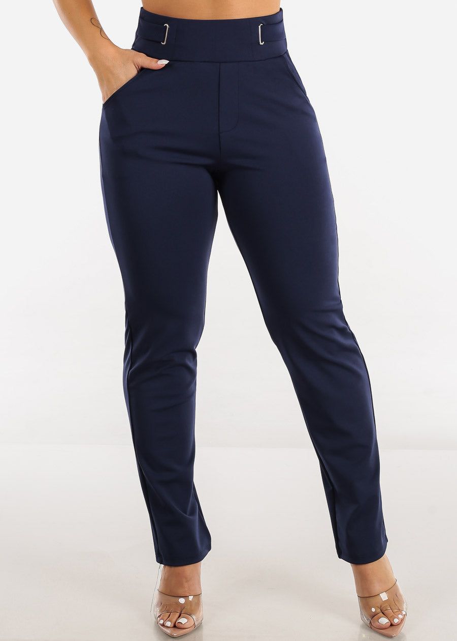 Navy High Waist Slim Straight Dressy Pants sold by Moda