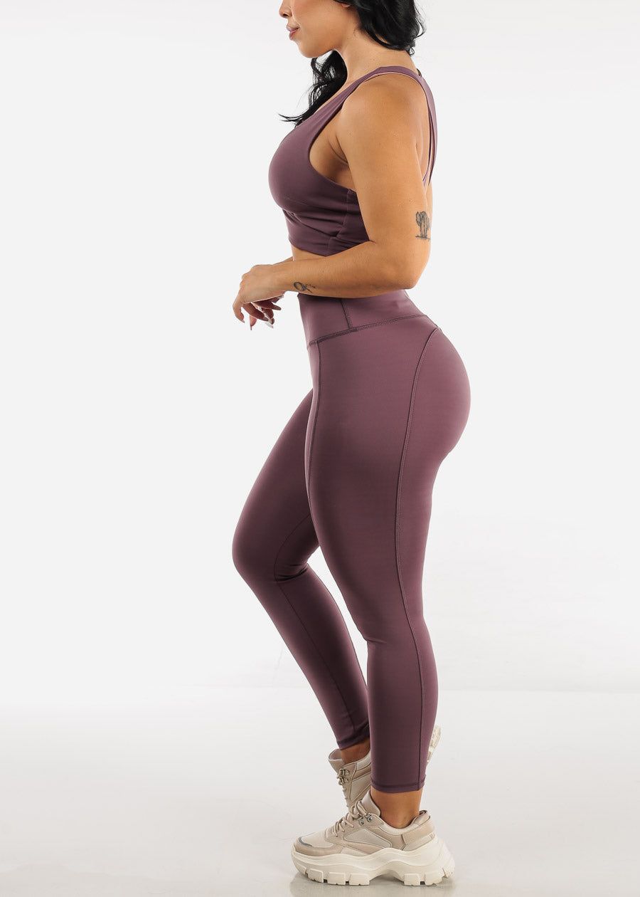 Sleeveless Wrap Sports Bra & Leggings Dark Purple (2 PCE SET) sold by Moda product image thumbnail 2