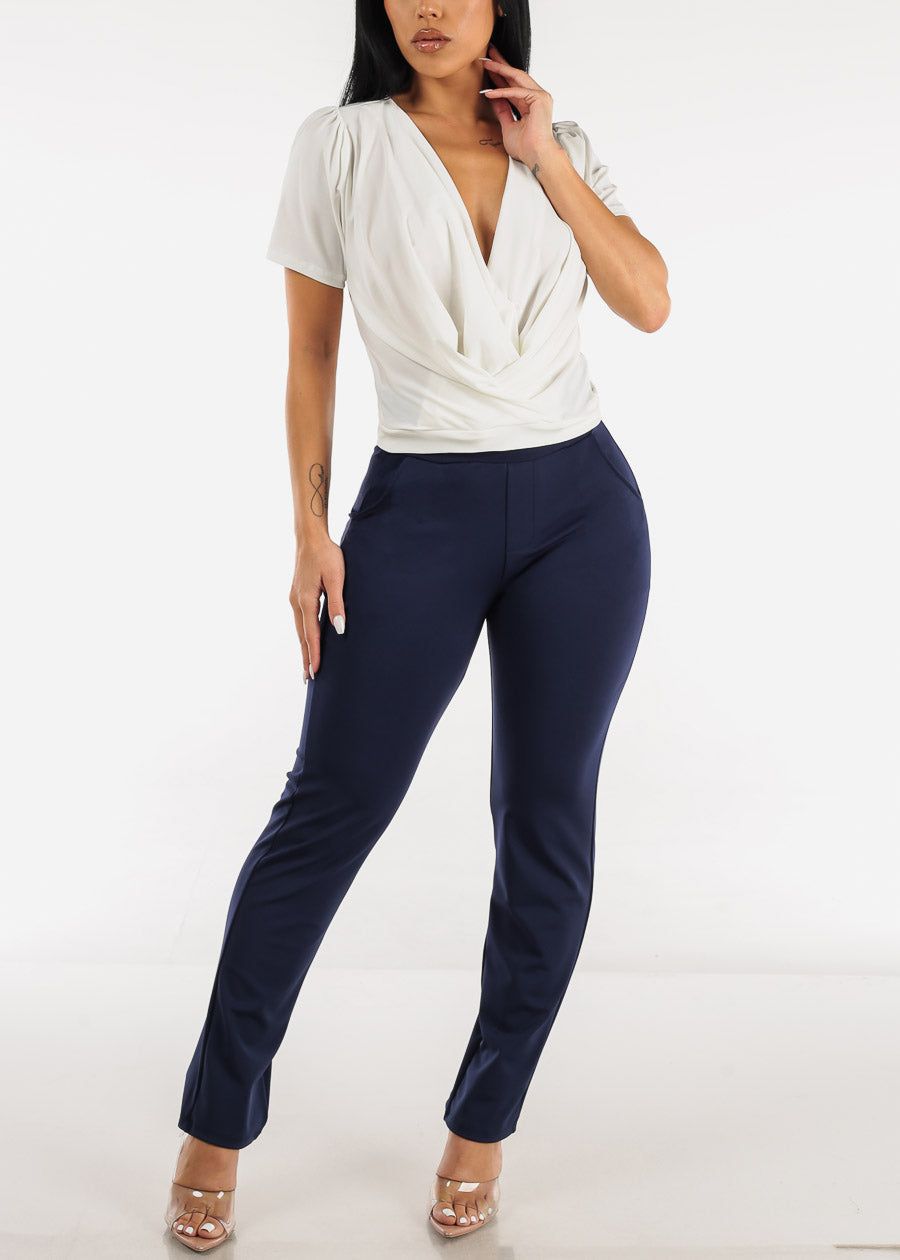 Navy High Waist Slim Straight Dressy Pants sold by Moda product image thumbnail 2