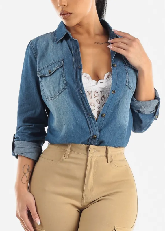 Roll Up Sleeve Button Up Denim Shirt Dark Blue sold by Moda