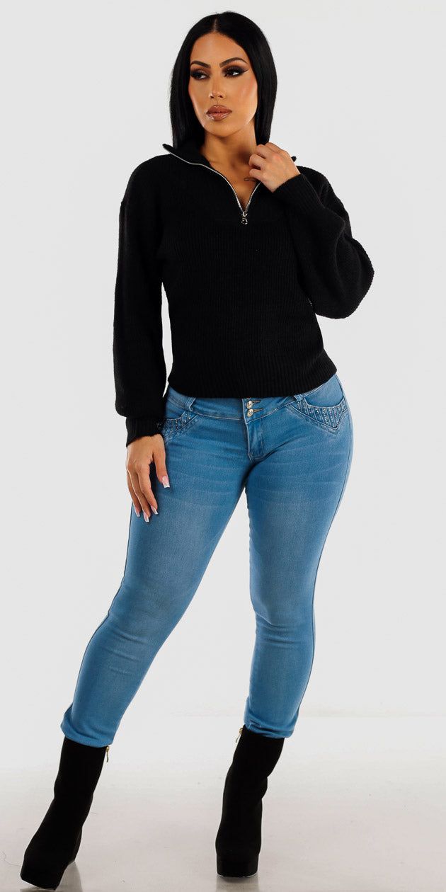 Light Wash Mid Rise Butt Lifting Skinny Jeans with Black Mock Neck Half Zip Up Pullover Sweater sold by Moda