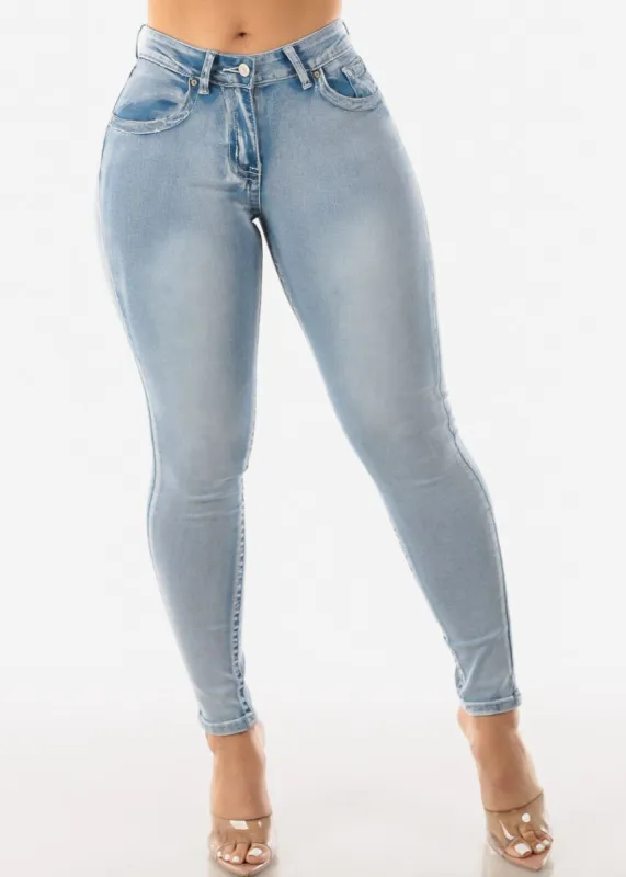 Mid Rise Light Acid Wash Skinny Jeans sold by Moda