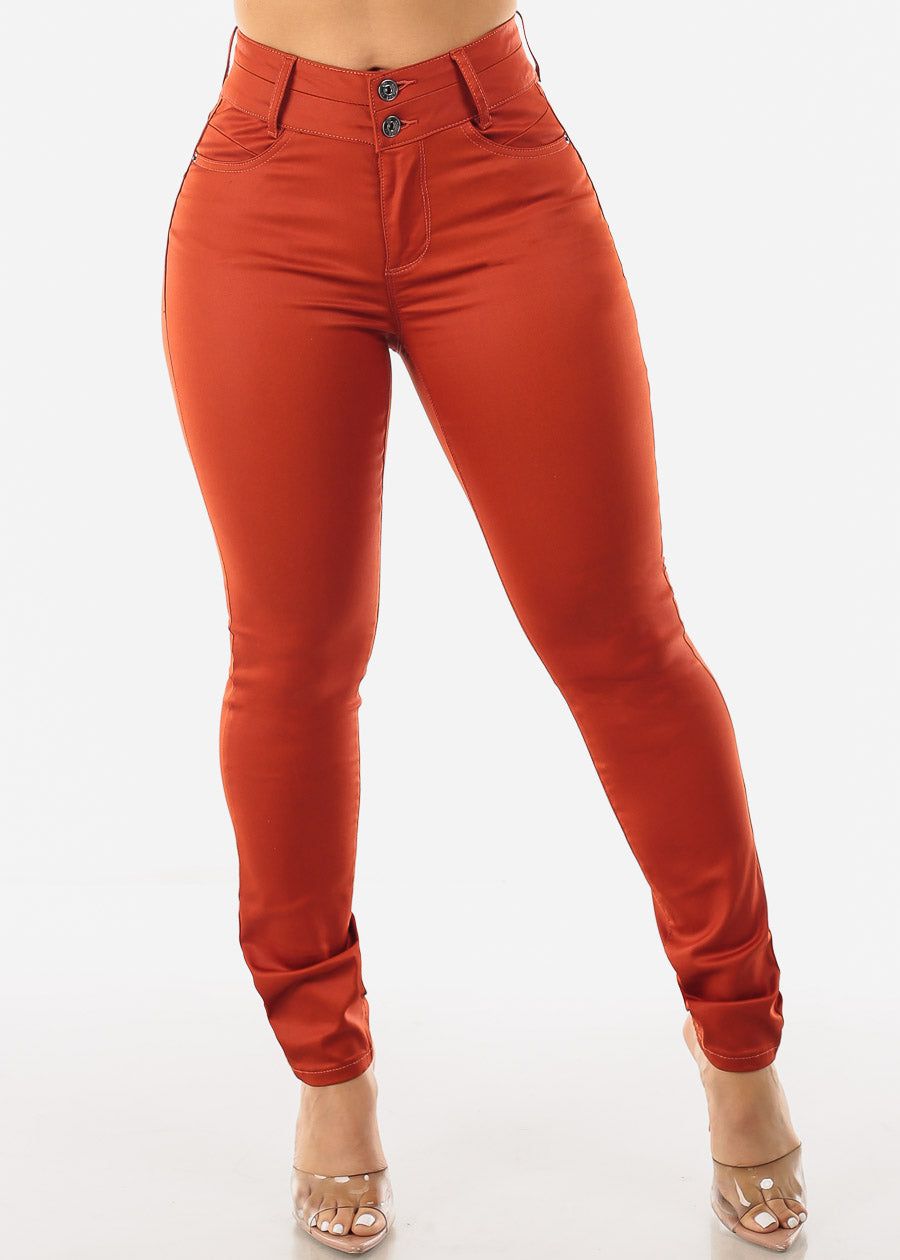 Butt Lifting Coated Faux Leather Skinny Jeans Dark Orange sold by Moda product image thumbnail 3
