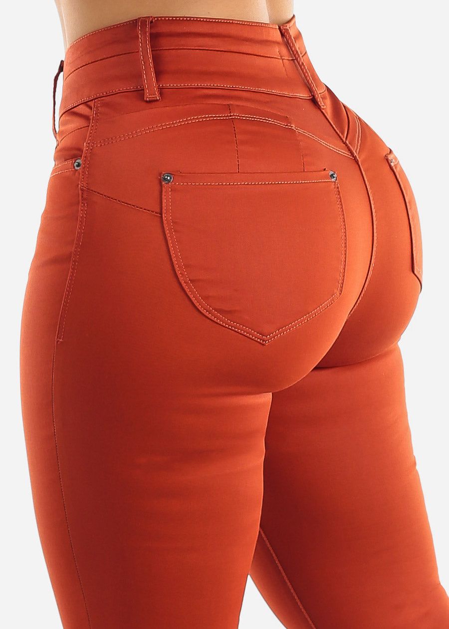 Butt Lifting Coated Faux Leather Skinny Jeans Dark Orange sold by Moda
