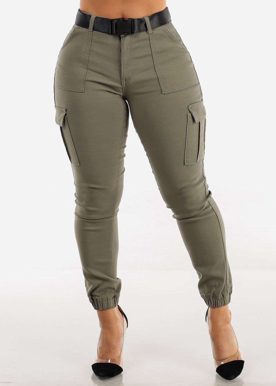 Light Olive Hyper Stretch Cargo Jogger Pants with Belt sold by Moda