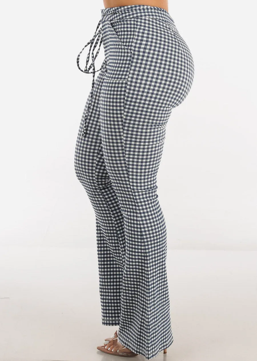 High Waist Checkered Flared Pants Blue w Tie Belt sold by Moda product image thumbnail 4