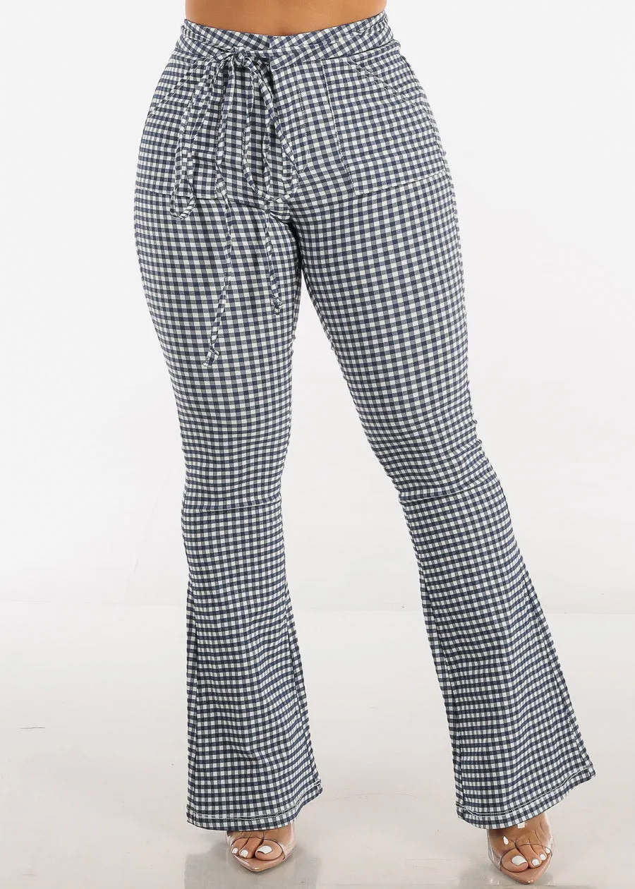 High Waist Checkered Flared Pants Blue w Tie Belt sold by Moda