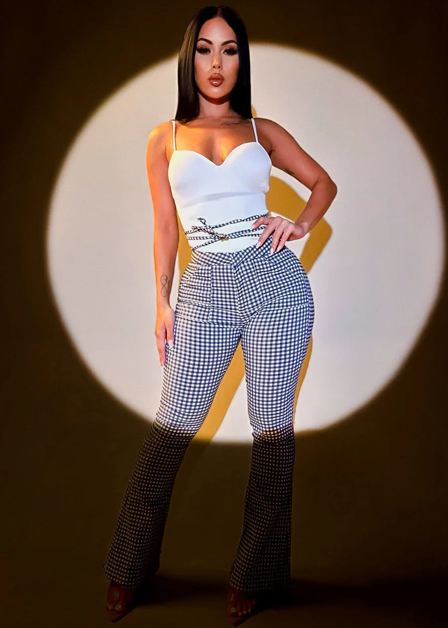 High Waist Checkered Flared Pants Blue w Tie Belt sold by Moda product image thumbnail 2