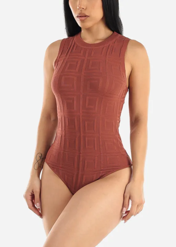 Sleeveless Crewneck Textured Bodysuit Marsala sold by Moda