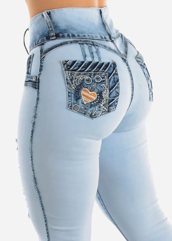 Butt Lifting Distressed Acid Wash Skinny Jeans w Pocket Design sold by Moda