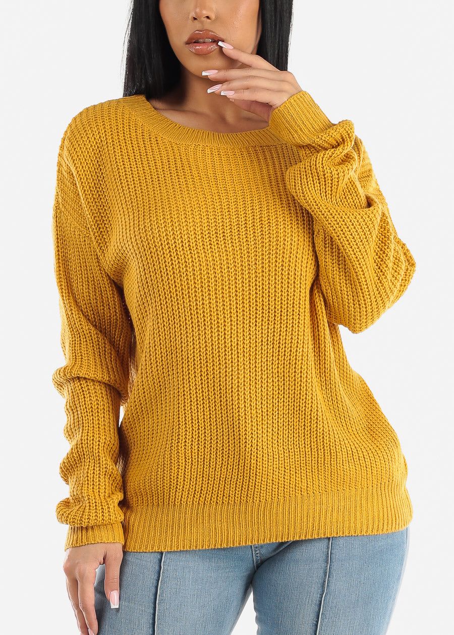 Back Lace Up Knit Long Sleeve Sweater Mustard sold by Moda product image thumbnail 5