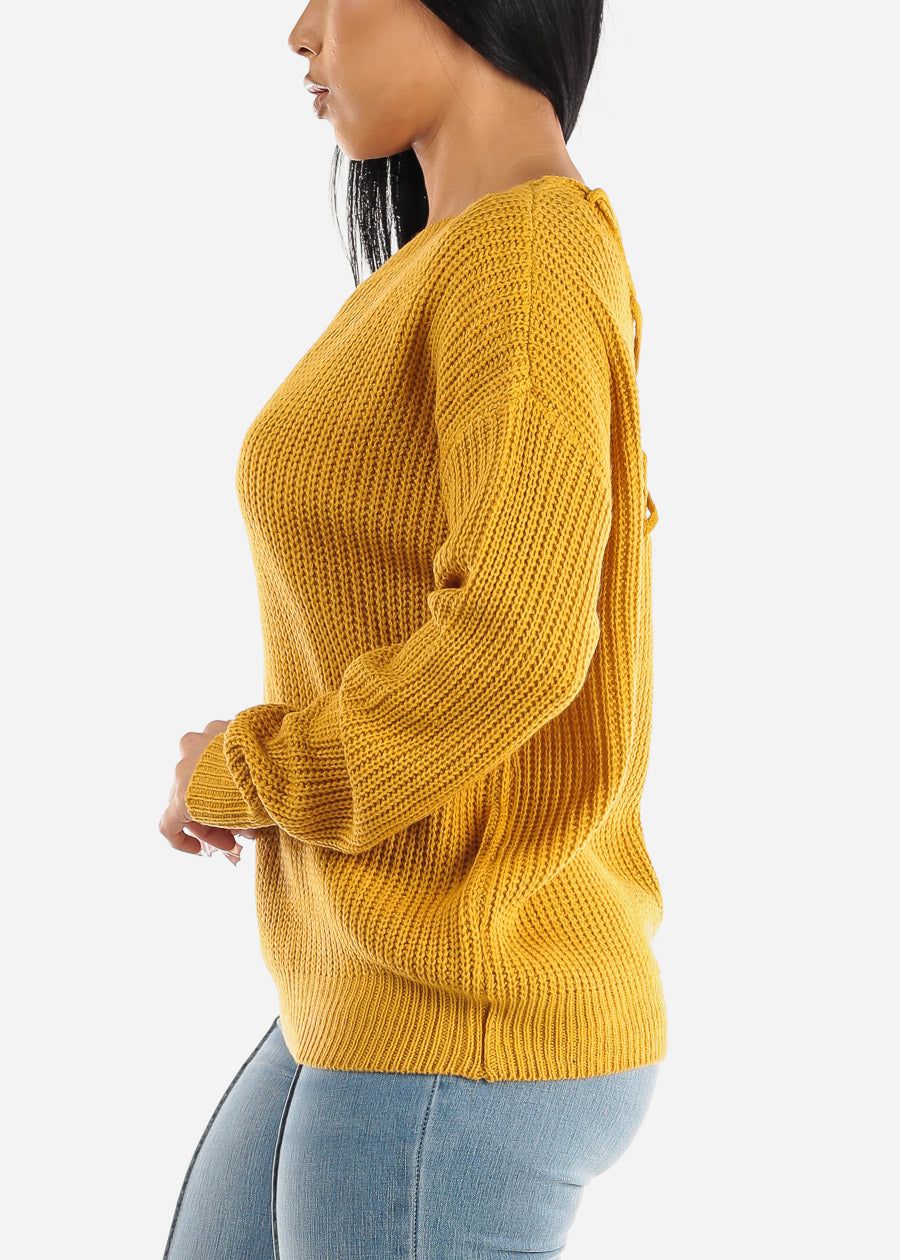 Back Lace Up Knit Long Sleeve Sweater Mustard sold by Moda product image thumbnail 3