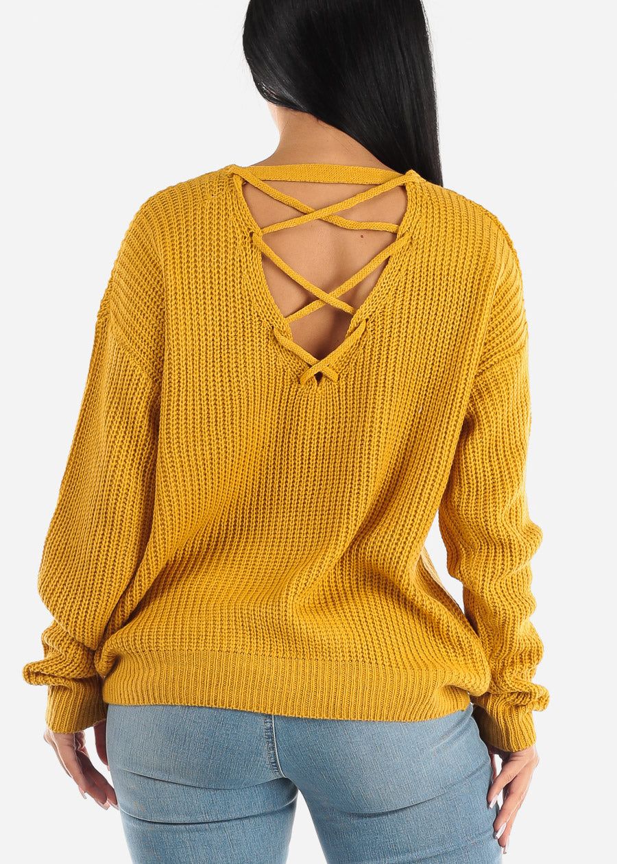 Back Lace Up Knit Long Sleeve Sweater Mustard sold by Moda product image thumbnail 4