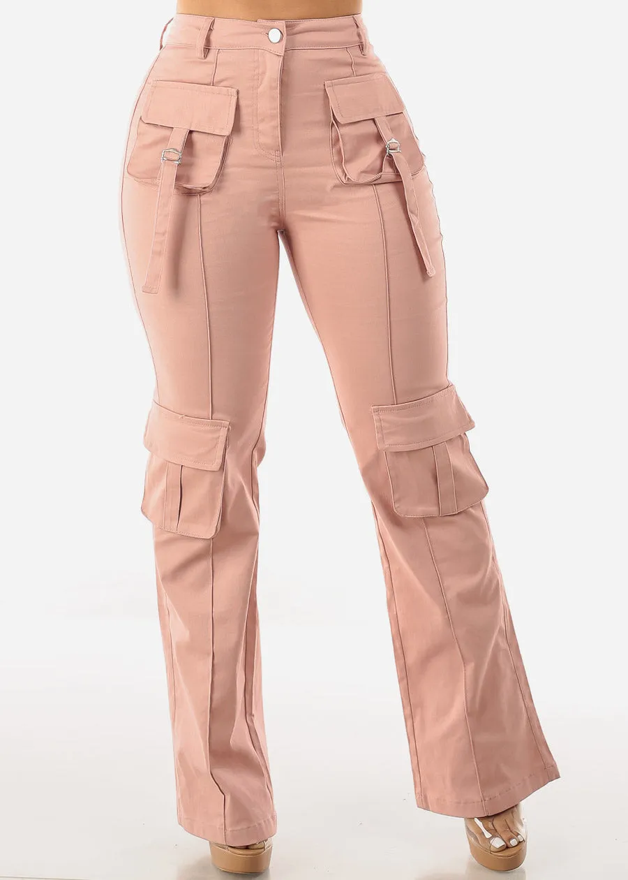 High Waist Straight Leg Twill Cargo Pants Light Pink sold by Moda