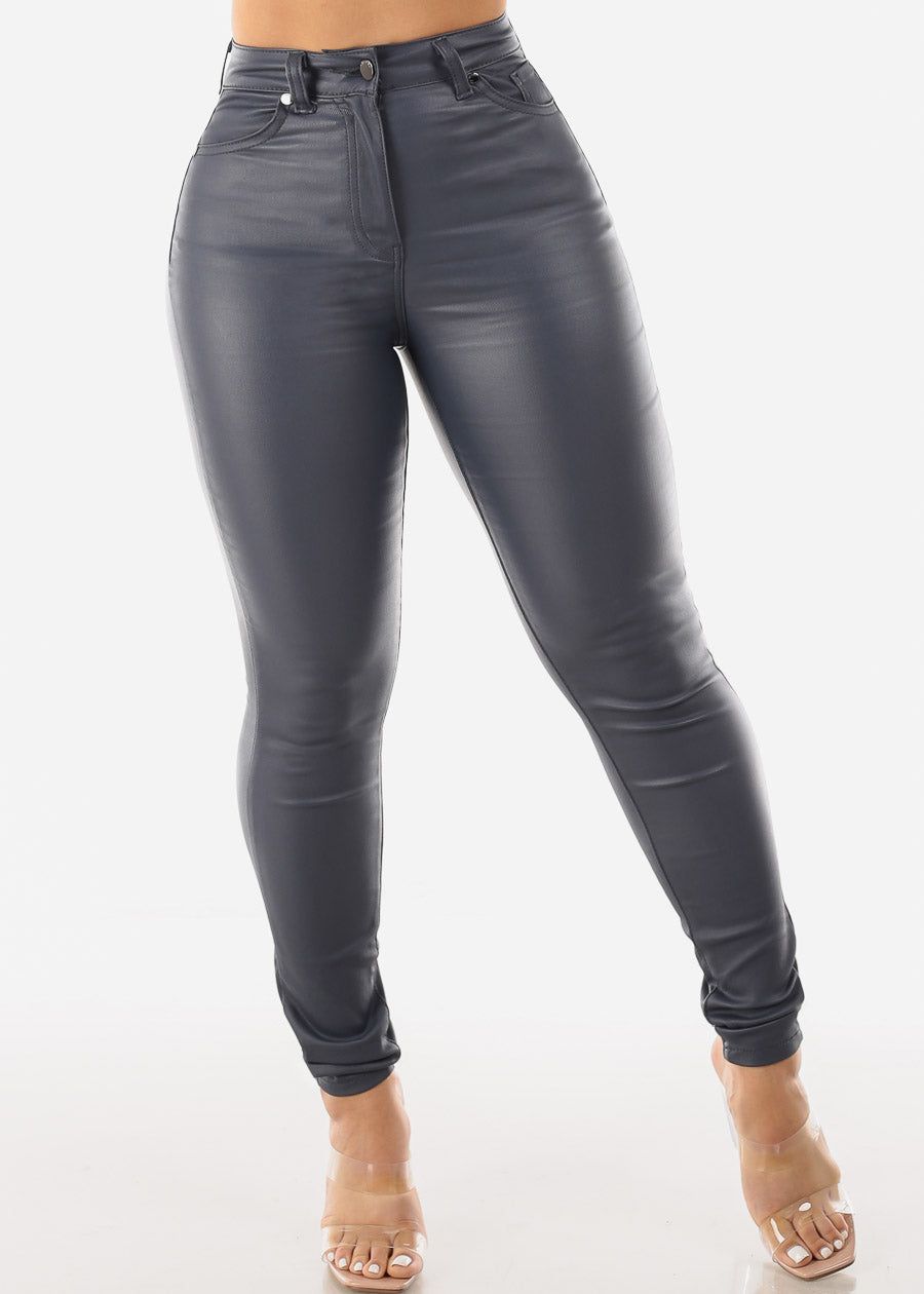 High Waist Faux Leather Skinny Pants Charcoal sold by Moda