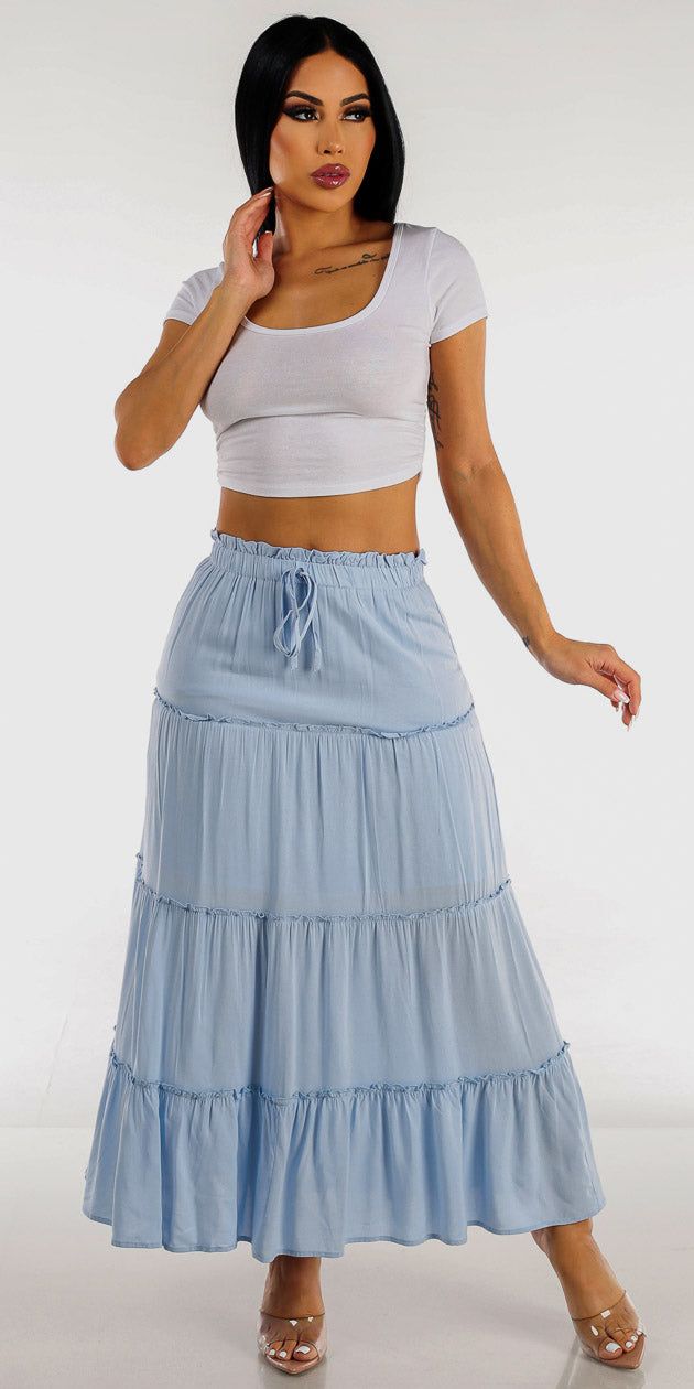Light Blue High Waist Ruffled Maxi Skirt with Short Sleeve Ruched Sides White Crop Top sold by Moda