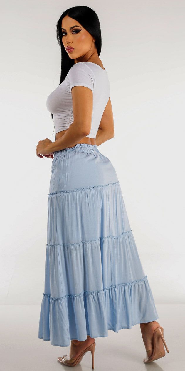 Light Blue High Waist Ruffled Maxi Skirt with Short Sleeve Ruched Sides White Crop Top sold by Moda product image thumbnail 2