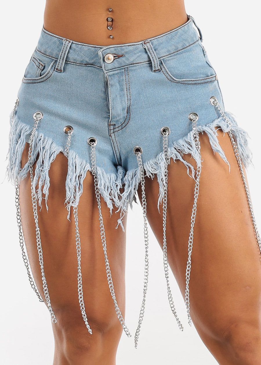 Light Blue Frayed Denim Shorts w Chain Detail sold by Moda