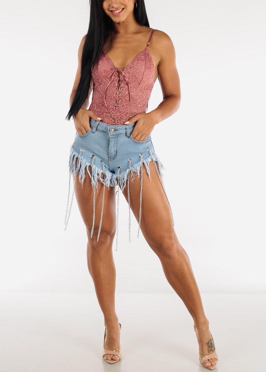 Light Blue Frayed Denim Shorts w Chain Detail sold by Moda product image thumbnail 6