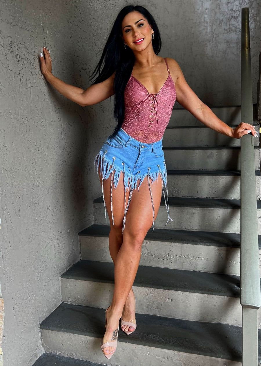 Light Blue Frayed Denim Shorts w Chain Detail sold by Moda product image thumbnail 4