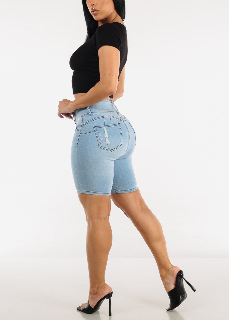 High Waisted Butt Lifting Mid Thigh Denim Shorts Light Blue sold by Moda product image thumbnail 5
