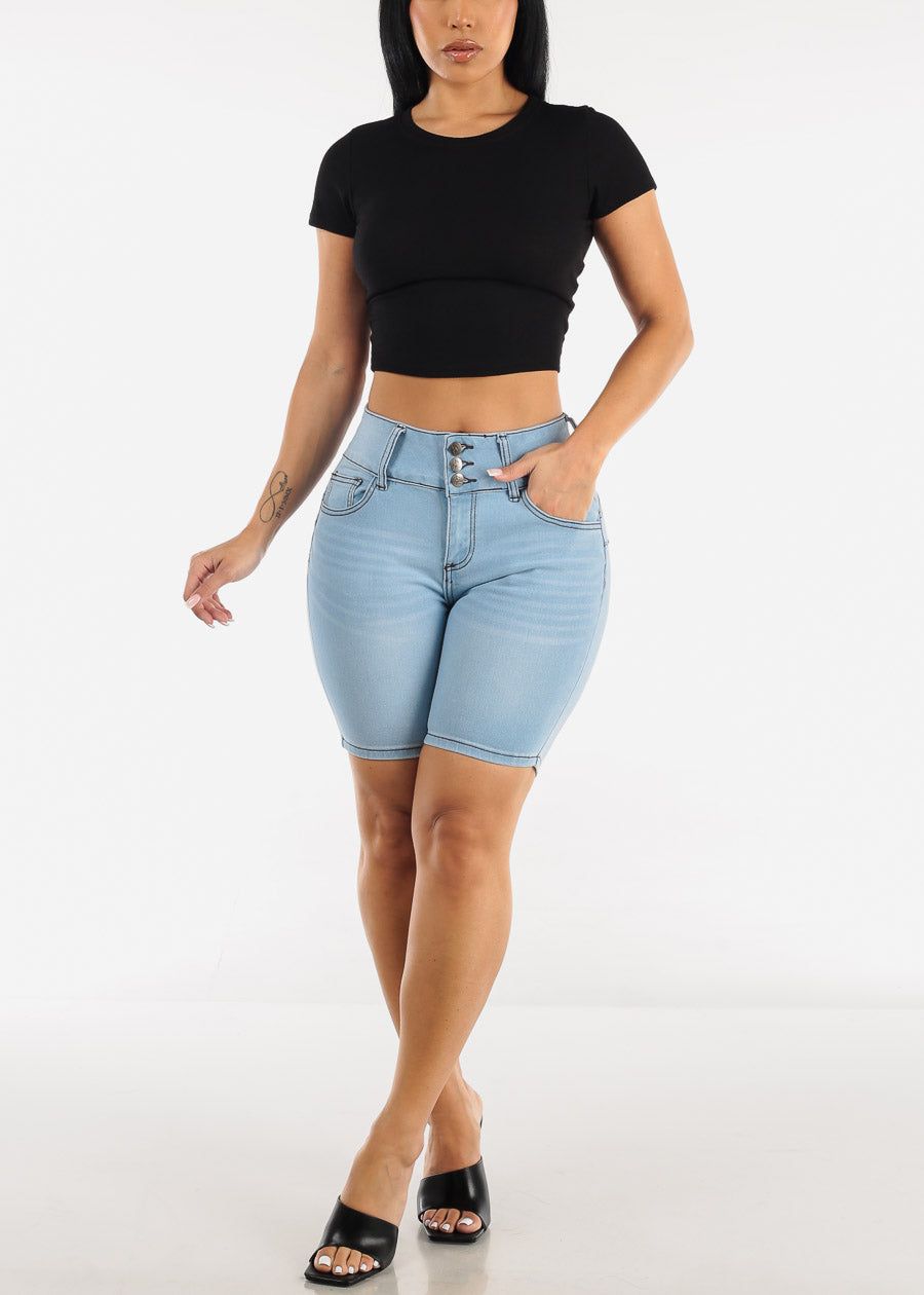 High Waisted Butt Lifting Mid Thigh Denim Shorts Light Blue sold by Moda product image thumbnail 2