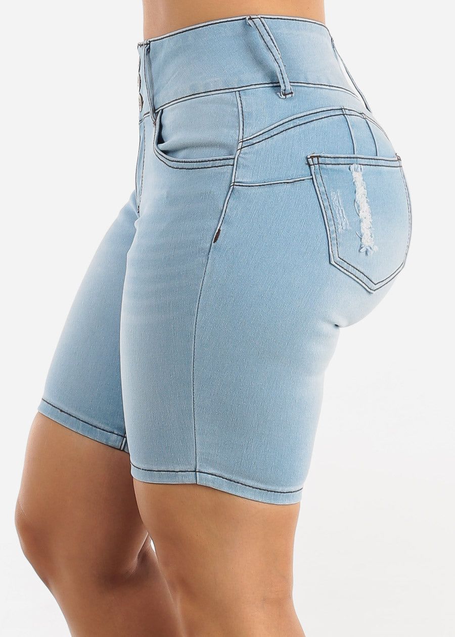 High Waisted Butt Lifting Mid Thigh Denim Shorts Light Blue sold by Moda product image thumbnail 4