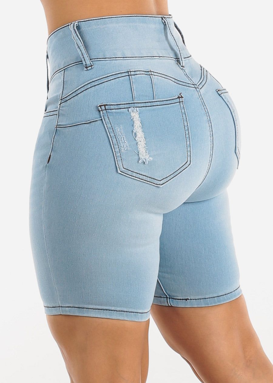 High Waisted Butt Lifting Mid Thigh Denim Shorts Light Blue sold by Moda