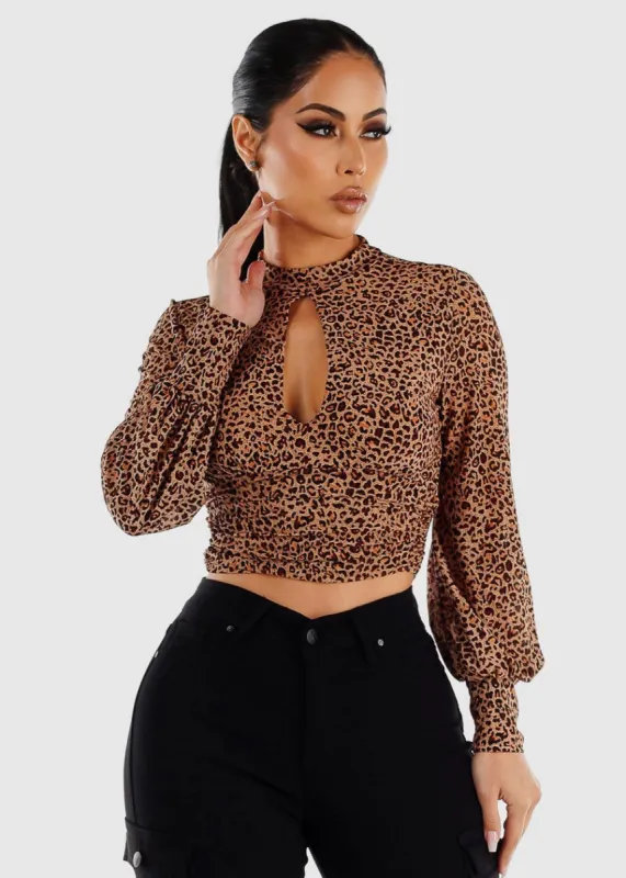 Long Sleeve Keyhole Neckline Animal Print Crop Top sold by Moda