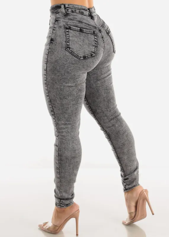 Classic 1 Button High Waisted Acid Wash Skinny Jeans Dark Grey sold by Moda