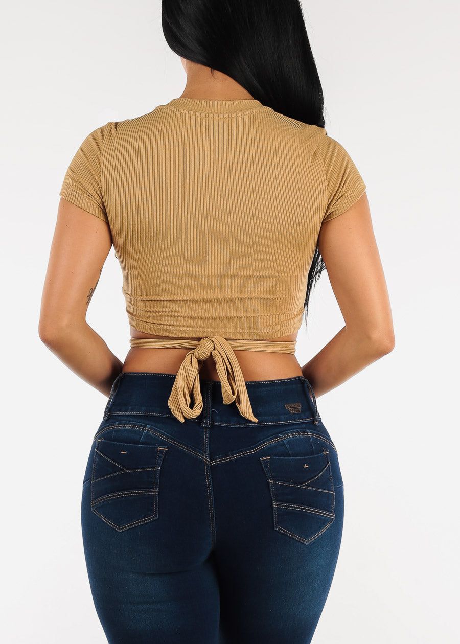 Short Sleeve Cut Out Khaki Ribbed Crop Top w Waist Tie sold by Moda product image thumbnail 4