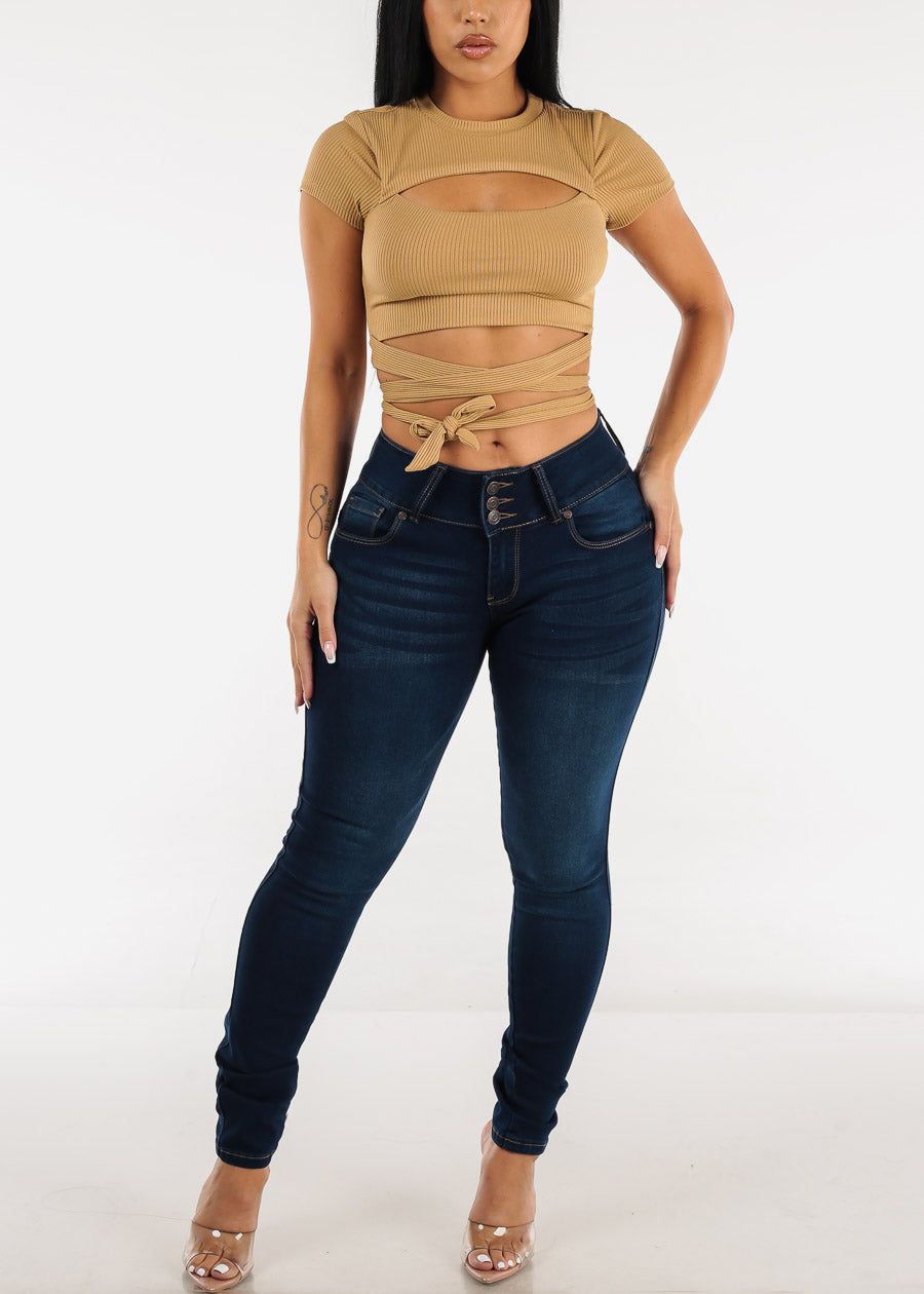 Short Sleeve Cut Out Khaki Ribbed Crop Top w Waist Tie sold by Moda product image thumbnail 2